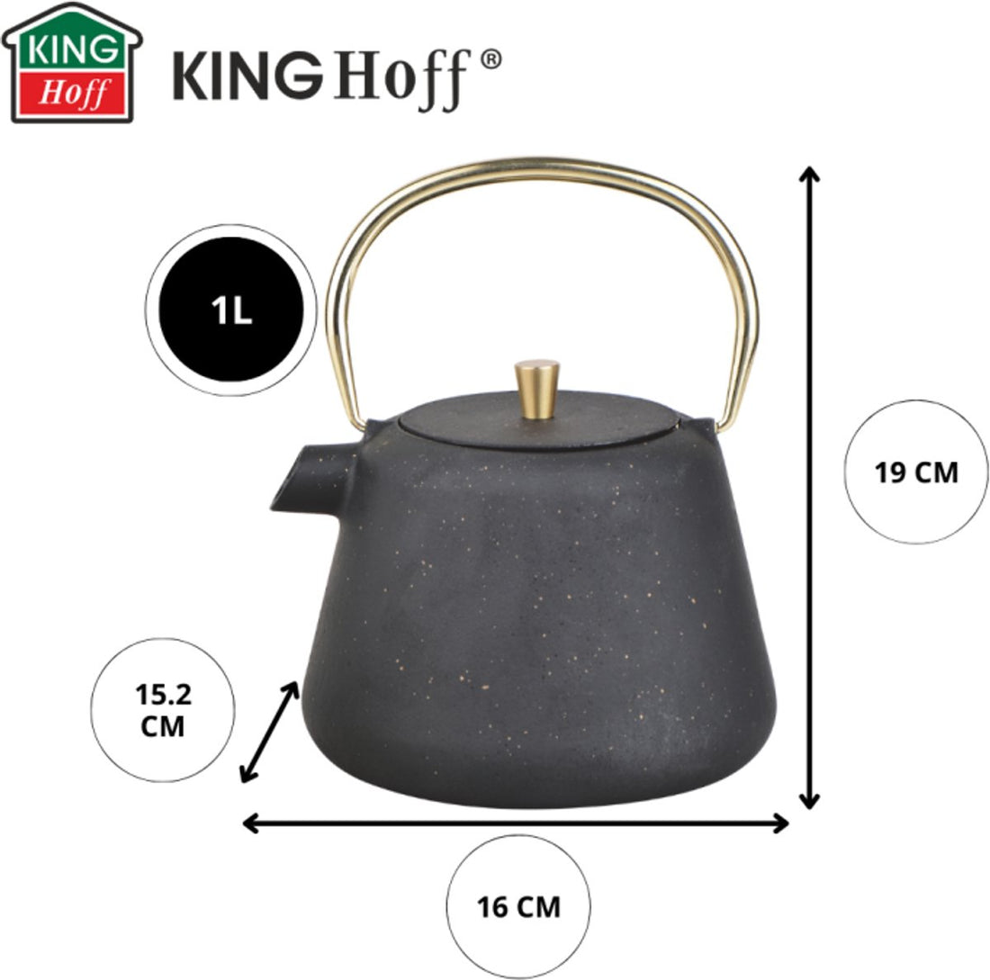Kinghoff theepot van gietijzer met rvs zeef – 1 liter, zwart en goud – foto 2