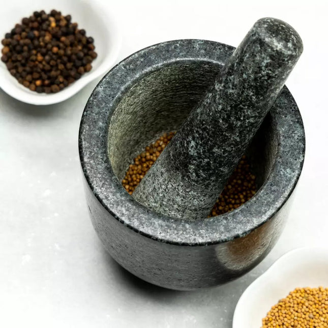 Kinghoff KH1679 - Natural Granite Mortar and Pestle Set - Mortar 12 cm - Pestle 15.5 cm - Durable and Stylish Kitchenware - Handmade