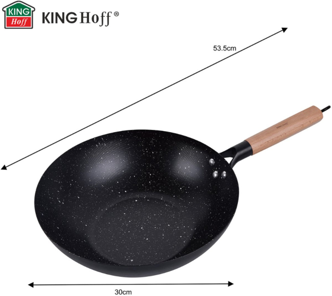 Kinghoff KH1983 wokpan 30 cm – koolstofstaal, houten handvat, ook inductie – foto 3