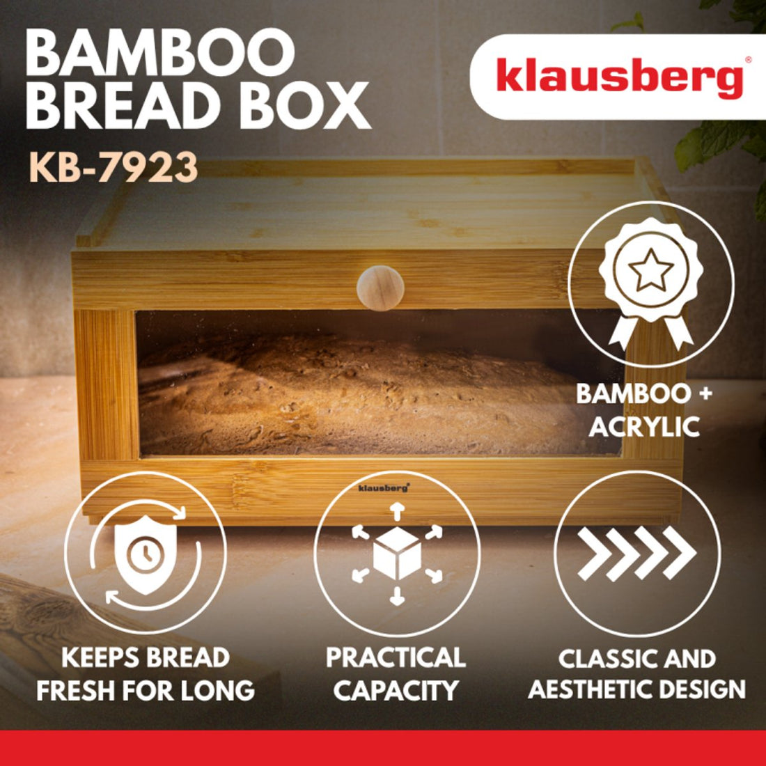 KLAUSBERG Bamboe Brooddoos Met Acryl Front - 35, 5 x 24 x 18 cm - Natuurlijke Broodopslag - KB-7923 - Broodtrommel - Brood vershouddoos