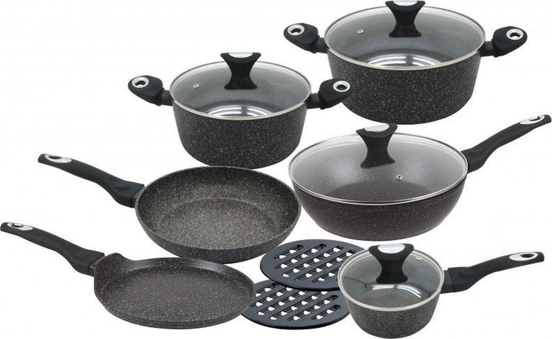 Klausberg 7201 - Batterie de cuisine - 12 pièces - Revêtement céramique/marbre - Aluminium forgé - Tous feux - Antiadhésif - Induction - Noir