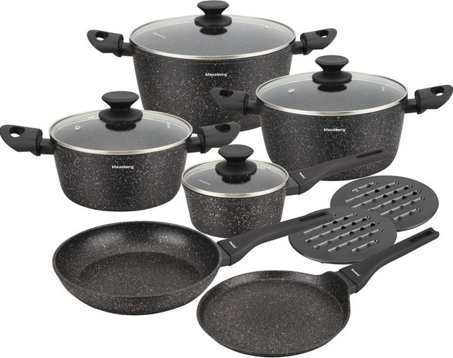 Klausberg 7658 pannenset 12-delig met deksels – marmeren antiaanbaklaag, zwart