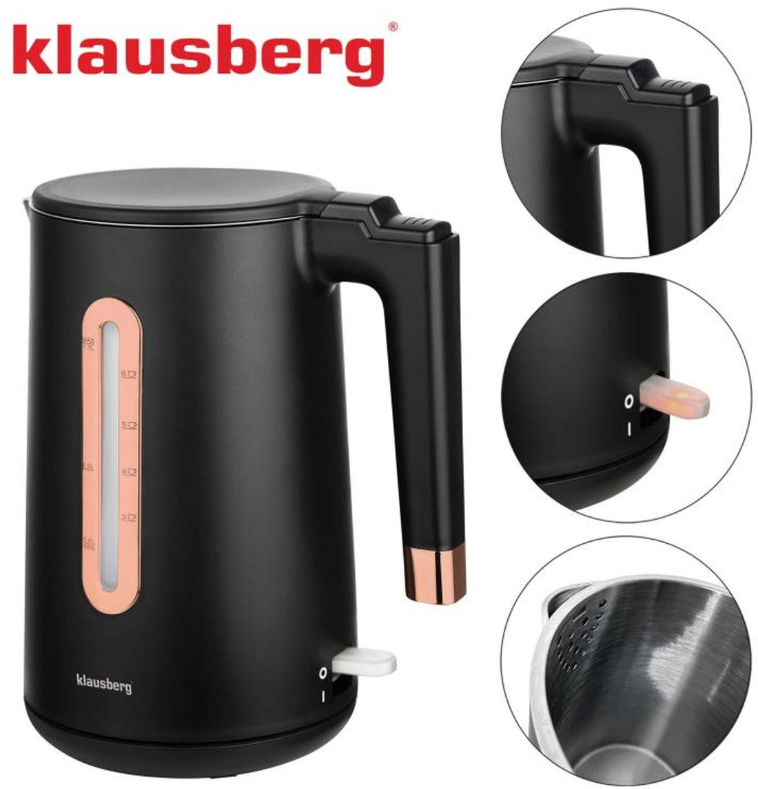 Klausberg KB-7889 elektrische waterkoker van RVS – 1,7 L, mat zwart/rosé goud – foto 3