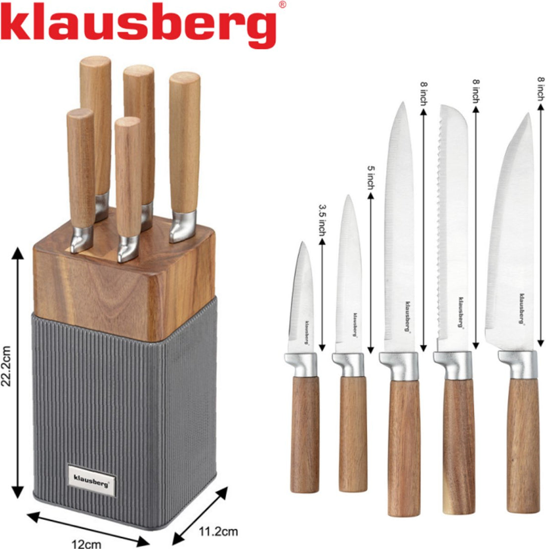 Klausberg KB-7983 messenset 6-delig – 5 keukenmessen met acaciahouten blok – foto 2
