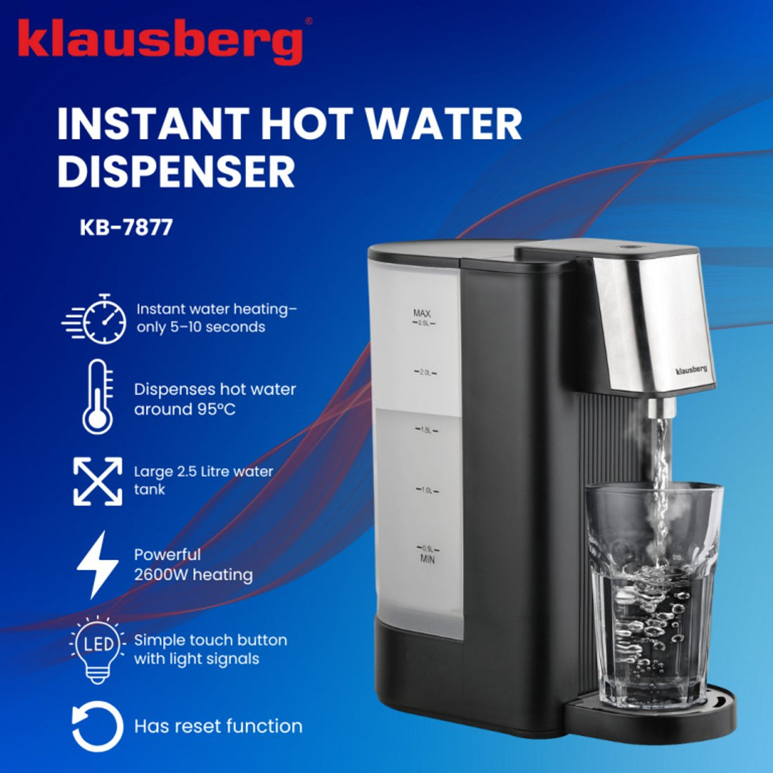 Klausberg KB7877 kokend water dispenser – 2,5 liter, 2600 W, zwart en RVS – foto 5