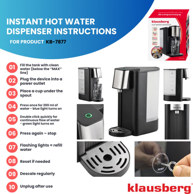 Klausberg KB7877 kokend water dispenser – 2,5 liter, 2600 W, zwart en RVS – foto 2