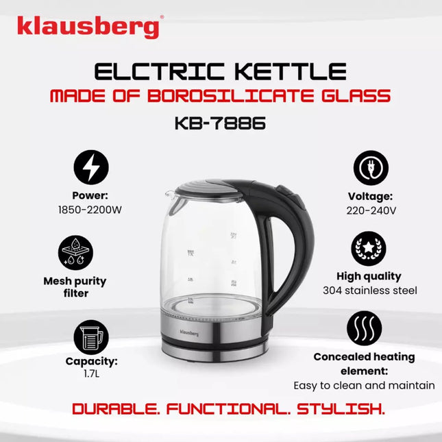 Klausberg KB7886 glazen waterkoker 1,7 liter – 1800 W, RVS 304, ledverlichting – foto 2
