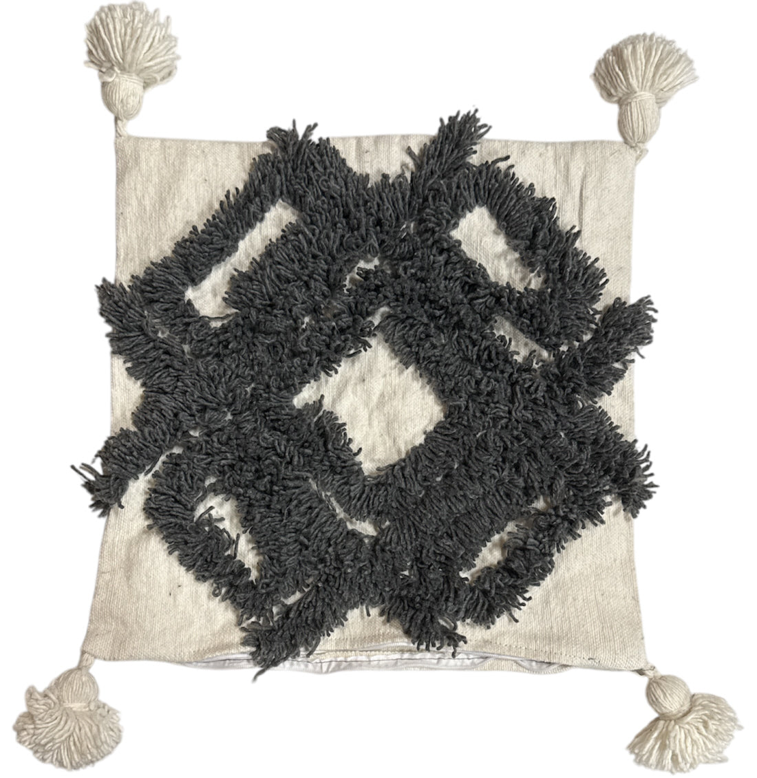 Marokkaanse boho kussenhoes met kwastjes – handgeweven katoen, 44 x 44 cm – foto 2