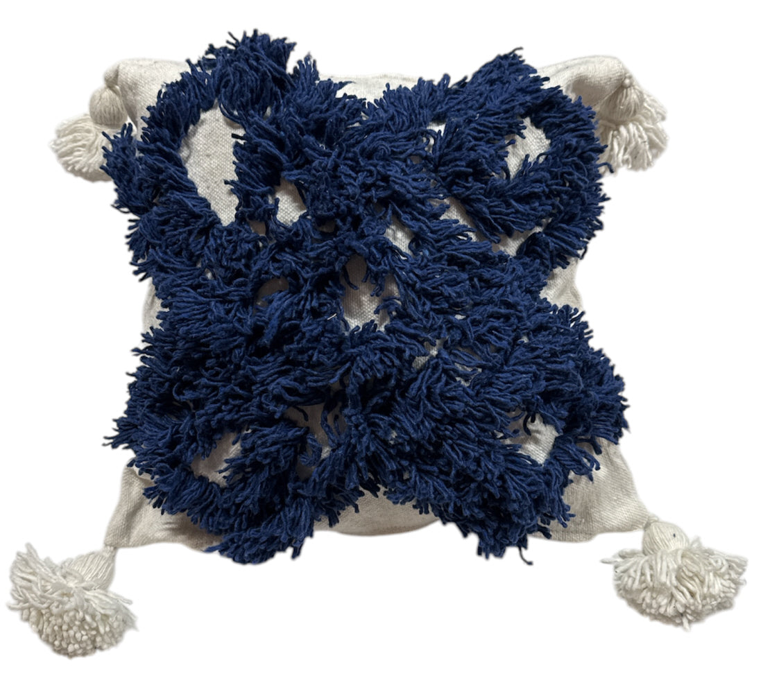 Marokkaanse kussenhoes met kwastjes – blauw-wit, katoen, 44 x 44 cm – foto 2