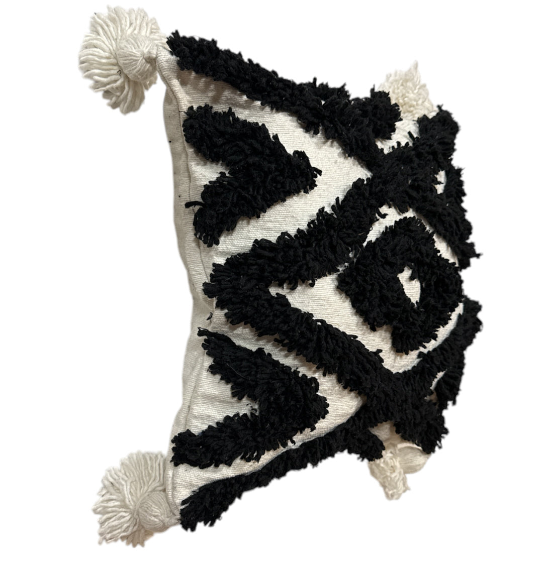 Marokkaanse kussenhoes met kwastjes – zwart-wit, handgeweven katoen, 44 x 44 cm