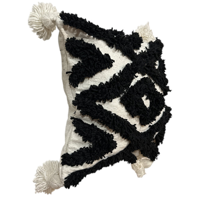 Marokkaanse kussenhoes met kwastjes – zwart-wit, handgeweven katoen, 44 x 44 cm