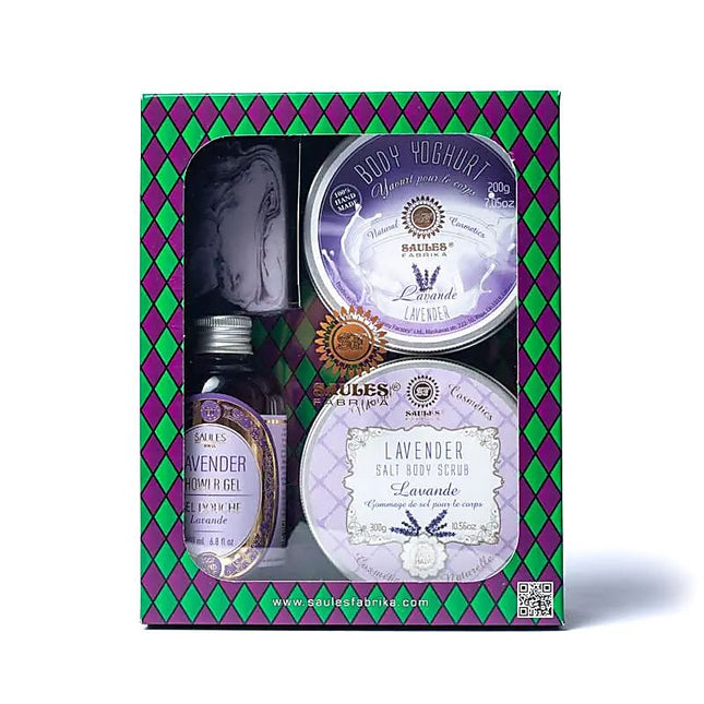 Saules Fabrika geschenkset lavendel – douchegel, scrub, bodyyoghurt en zeep