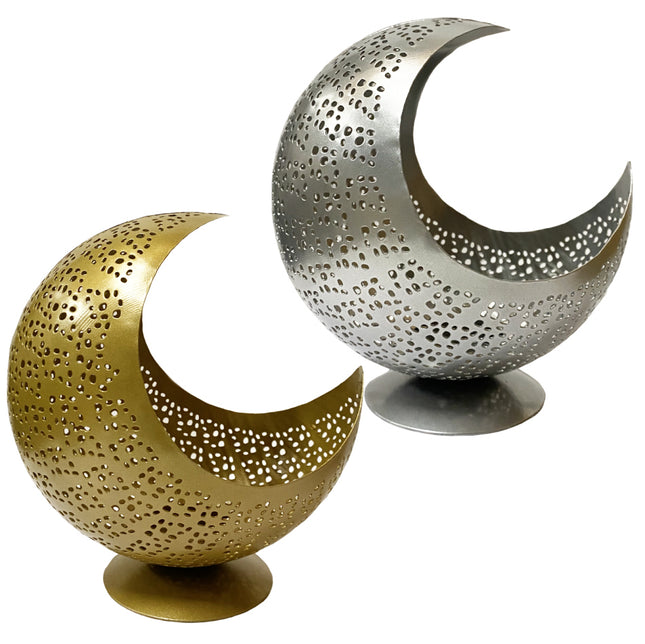 Waxinelichthouder maan met gaatjes – handgemaakt, zilver of goud, 22 cm