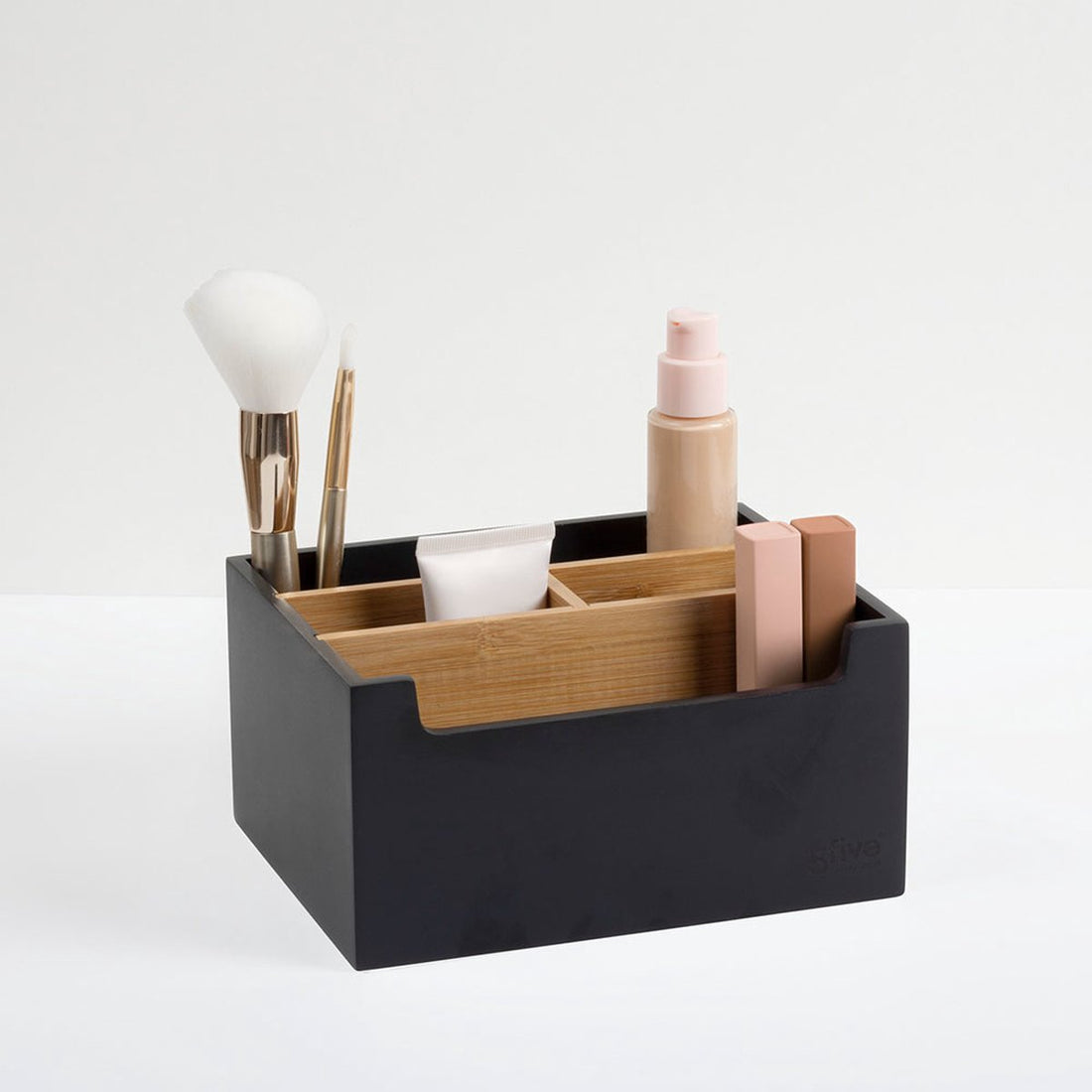 5Five make-up organizer zwart met bamboe – zonder lade, 5 vakken, 18 x 15 cm – foto 2