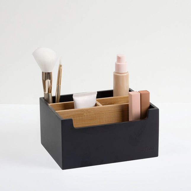 5Five make-up organizer zwart met bamboe – zonder lade, 5 vakken, 18 x 15 cm – foto 2