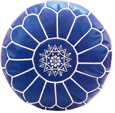 Marokkaanse leren poef marineblauw – handgemaakt in Fes, Ø 45 x 30 cm