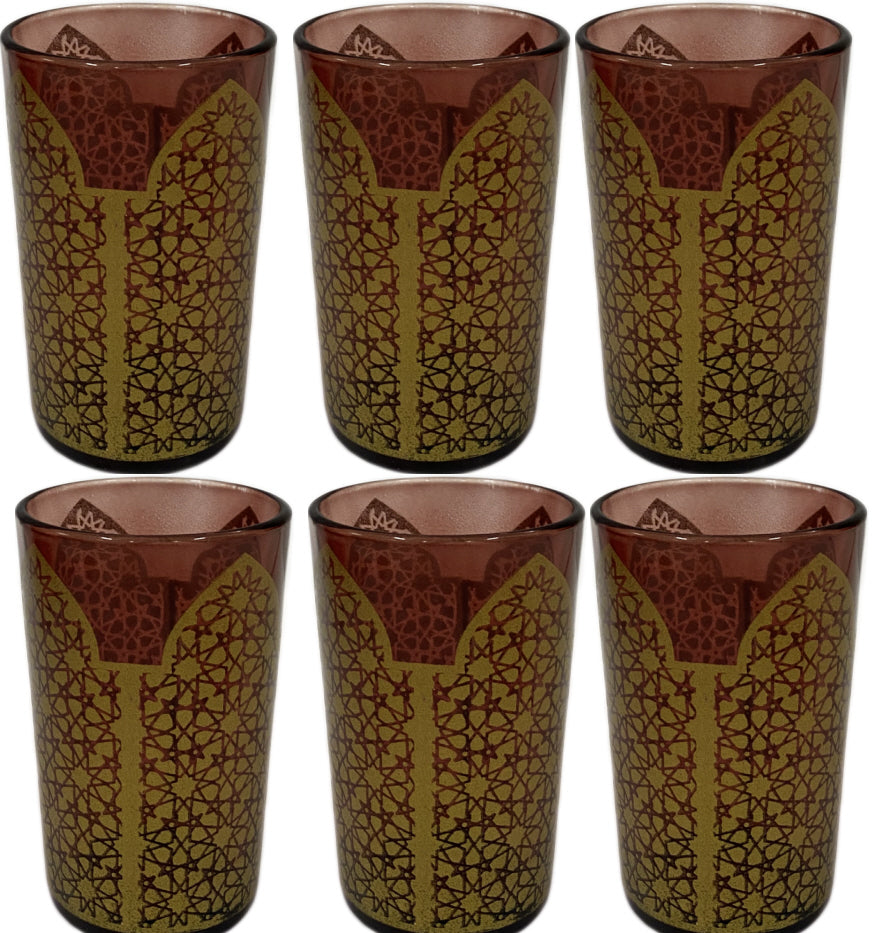 Marokkaanse theeglazen bruin en goud – set van 6 met oosterse patronen
