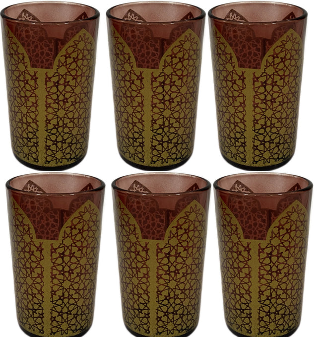Marokkaanse theeglazen bruin en goud – set van 6 met oosterse patronen