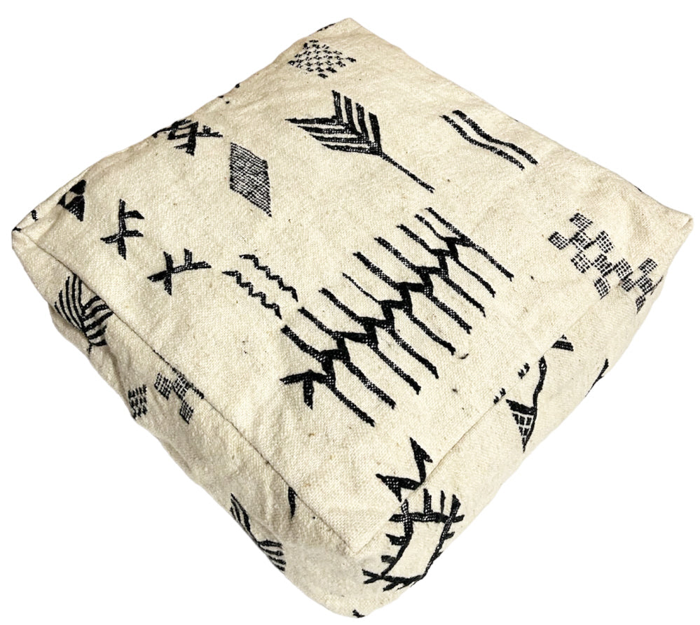Marokkaanse kelim vloerpoef 60 x 60 x 25 cm – handgeweven wol, crème met zwart – foto 2