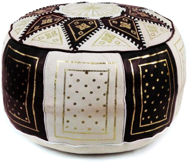 Marokkaanse poef zwart-wit van leer – handgemaakt in Fez, Ø 45 cm