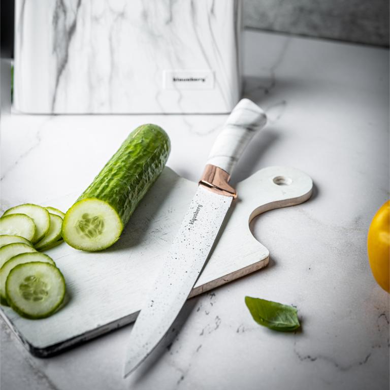 Klausberg messenset 6-delig met messenblok – wit marmerlook met roségoud – foto 3