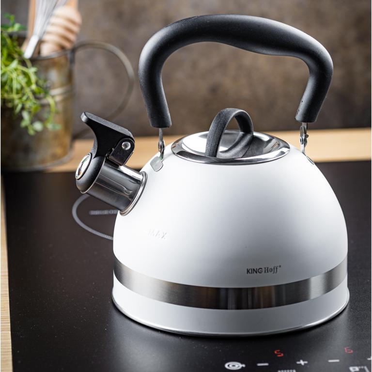 Bouilloire sifflante en inox KingHoff 1,8 L Blanc – Compacte, avec sifflet et poignée ergonomique