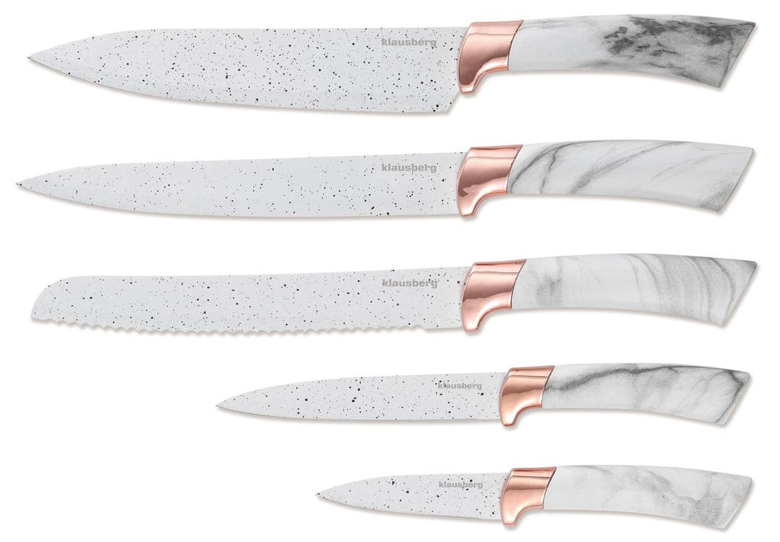 Klausberg messenset 6-delig met messenblok – wit marmerlook met roségoud – foto 5