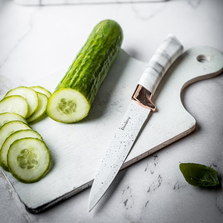Klausberg messenset 6-delig met messenblok – wit marmerlook met roségoud – foto 7
