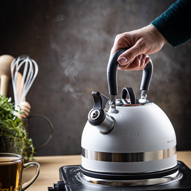 Bouilloire sifflante en inox KingHoff 1,8 L Blanc – Compacte, avec sifflet et poignée ergonomique