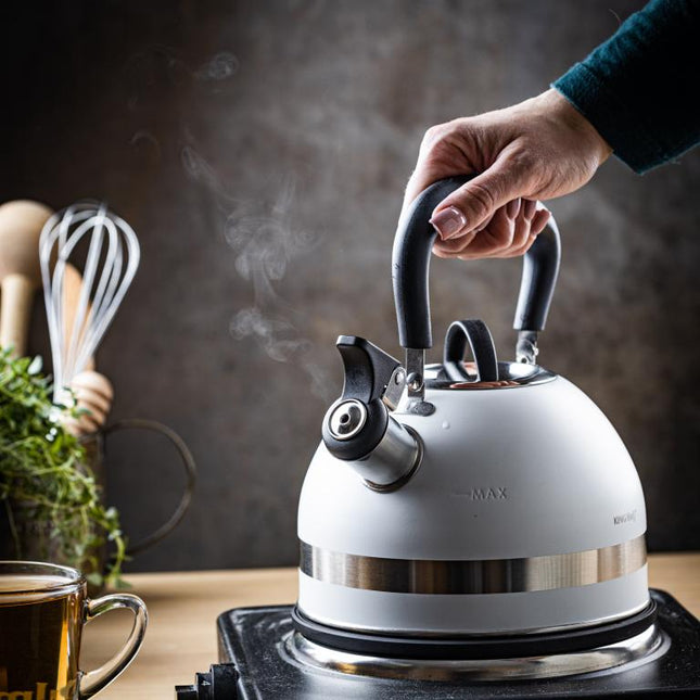 KingHoff RVS Fluitketel 1, 8L Wit – Compact, Met Fluitsignaal en Ergonomisch Handvat