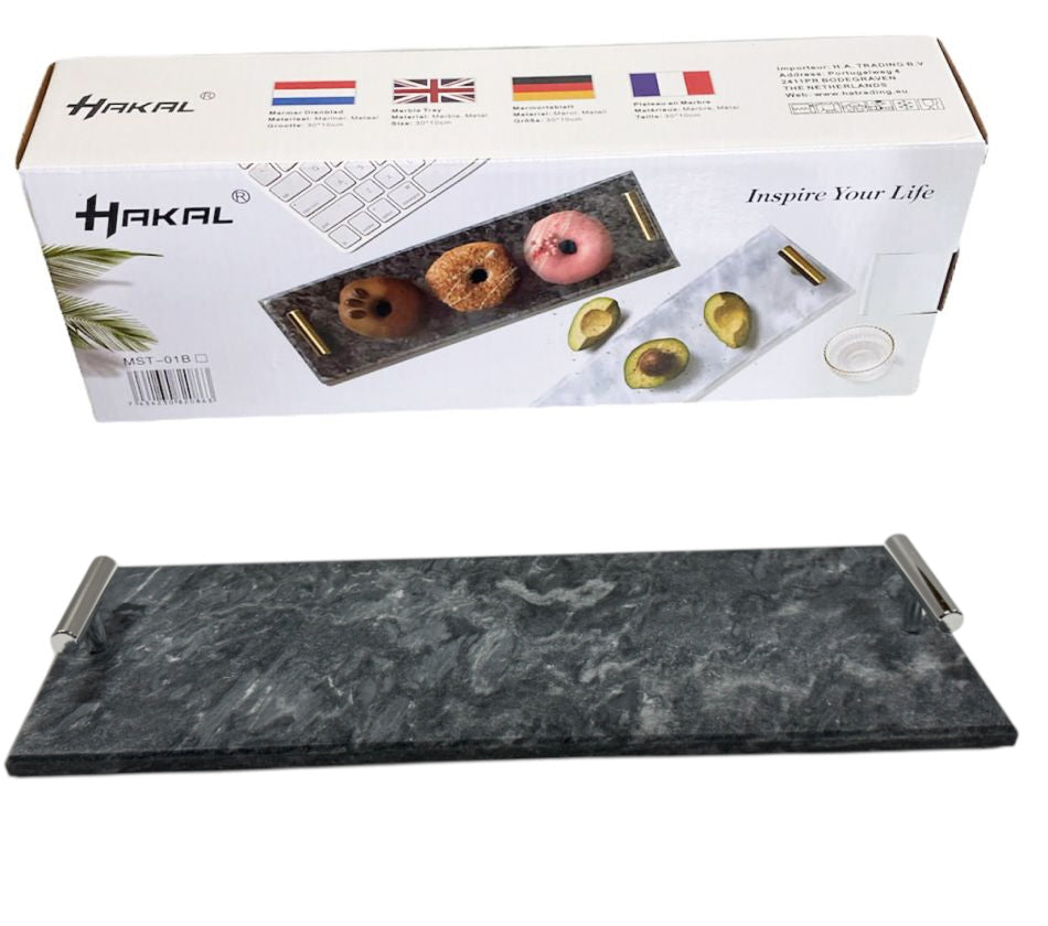 Marmeren dienblad zwart met zilveren handvatten – 30 x 10 cm