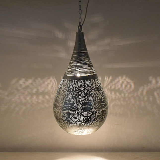 Oosterse filigrain hanglamp druppel met draad – vintage zilver, Ø 21 cm