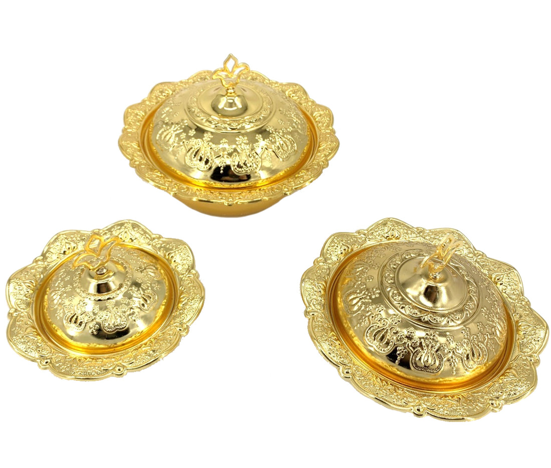 Ronde bewaarboxen, 3-delige set – zilver / goud