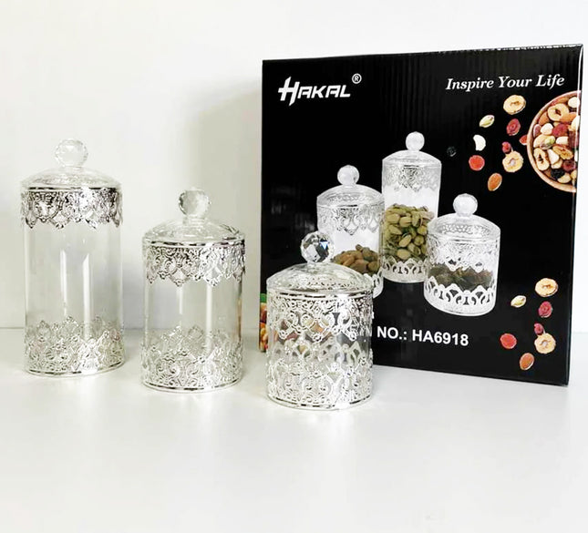 Glazen voorraadpotjes met zilveren decoratie – opbergpotjes, set van 3