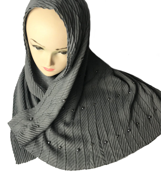Pearl Ribble hijab met pareltjes – extra lange ribbel hoofddoek, 8 kleuren