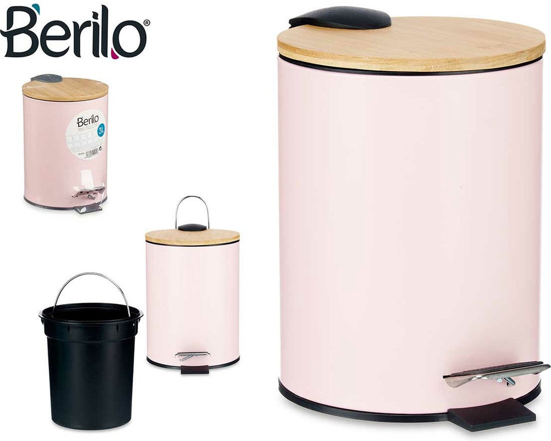 Waste bin / pedal bin - 3 litres - metal / bamboo - 17 x 23.5 cm