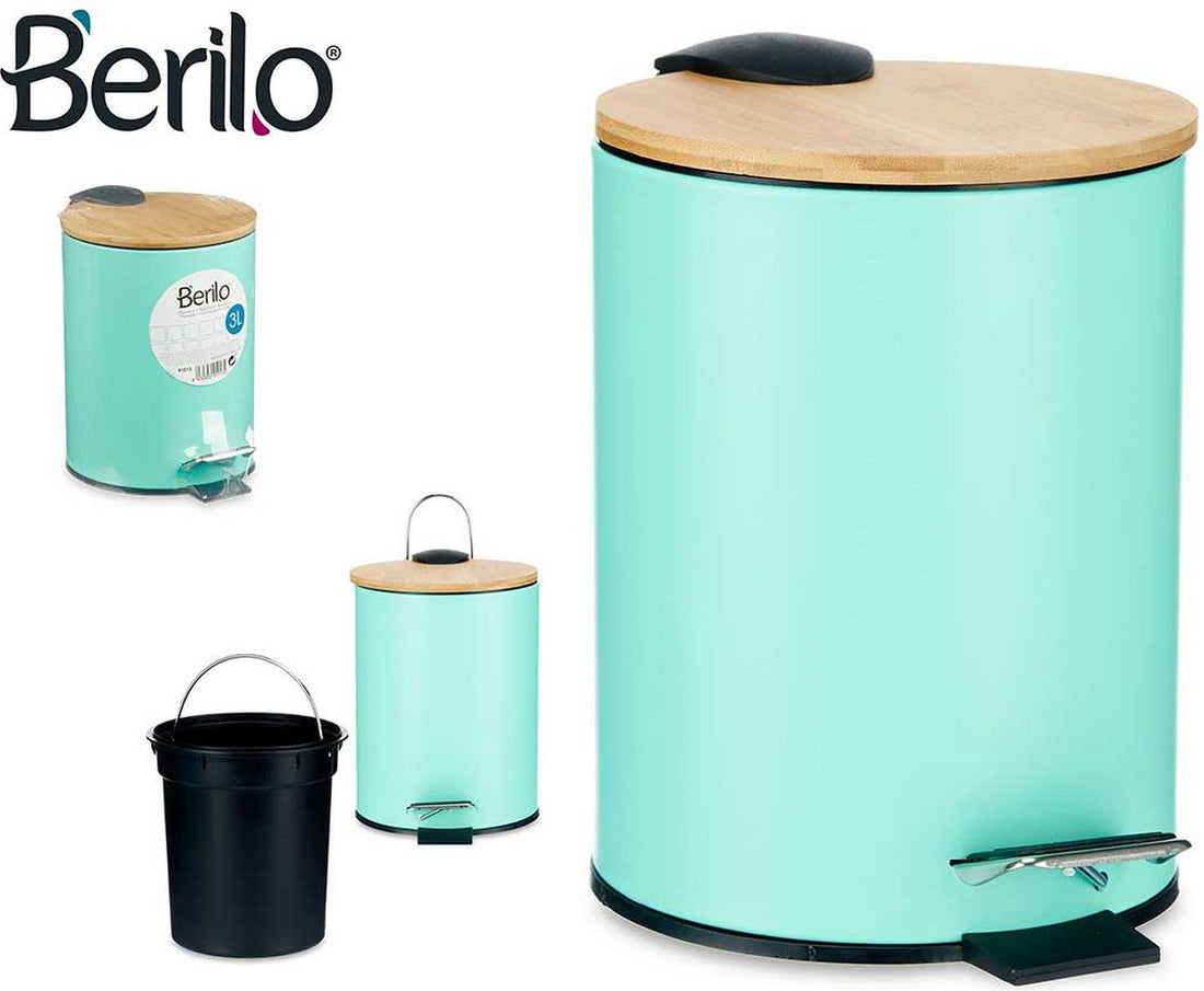 Waste bin / pedal bin - 3 litres - metal / bamboo - 17 x 23.5 cm
