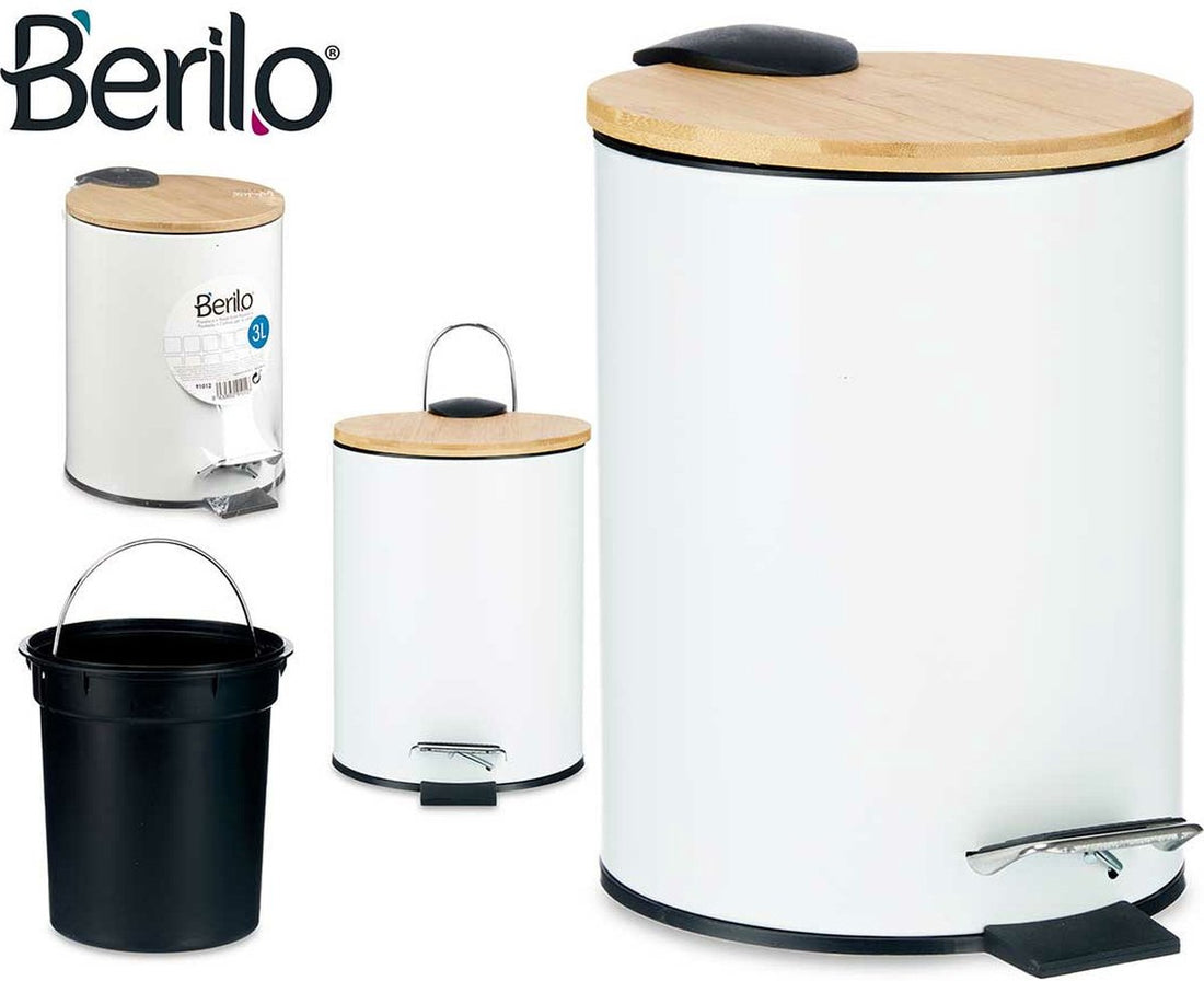Waste bin / pedal bin - 3 litres - metal / bamboo - 17 x 23.5 cm