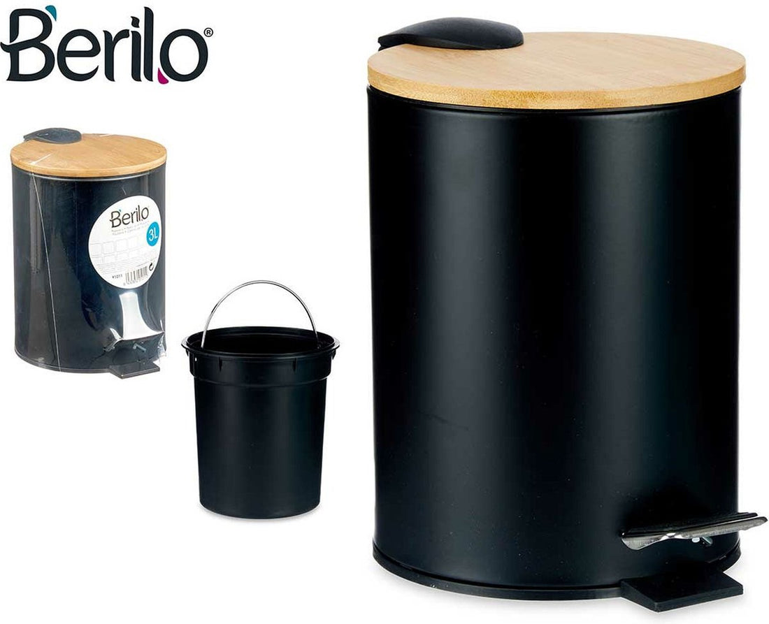 Waste bin / pedal bin - 3 litres - metal / bamboo - 17 x 23.5 cm