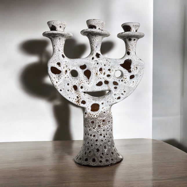 Handmade Moroccan Candle Holder with Face Motif in White-Brown Glaze