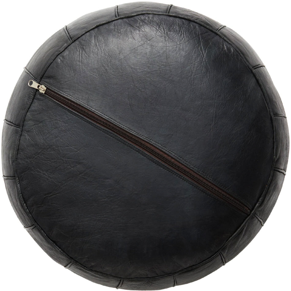 Marokkaanse leren poef zwart, rond – handgemaakt in Marrakech, Ø 60 x 35 cm – foto 2