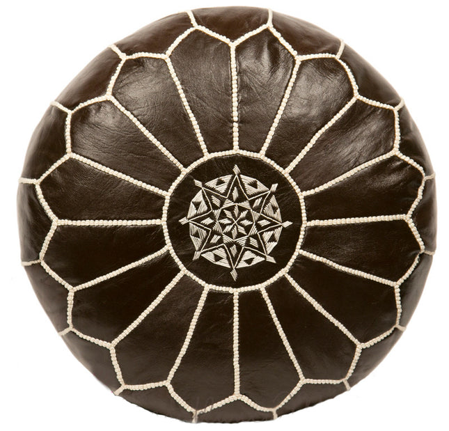 Marokkaanse leren poef bruin – handgemaakt in Fes, geborduurd, Ø 45 x 30 cm