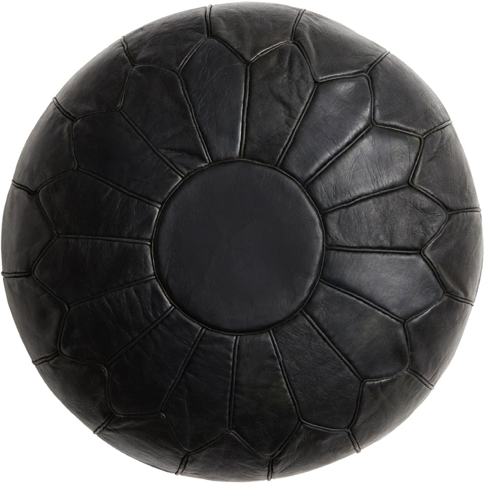 Marokkaanse leren poef zwart, rond – handgemaakt in Marrakech, Ø 60 x 35 cm