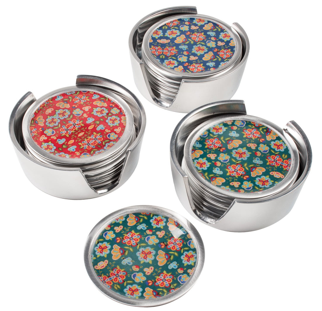 Aluminium onderzetters met bloemenprint – set van 6, handgeëmailleerd