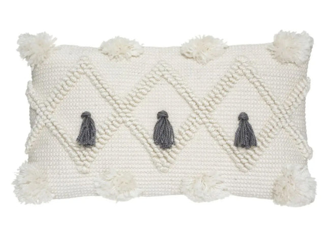 Sierkussen ivoor en grijs – macramé-stijl, gerecycled plastic, 50 x 30 cm
