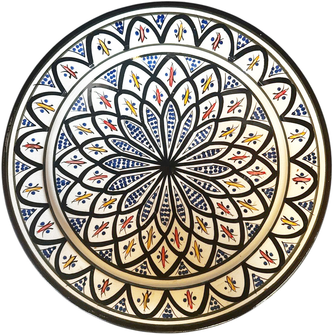 Plat Marocain Ø35 cm – Céramique Faite Main – Noir & Bleu