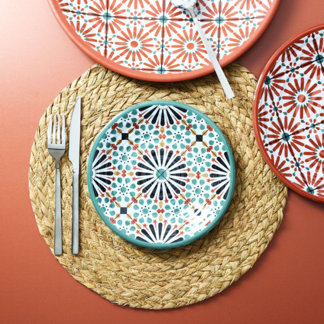 Platte serveerschaal met patronen van melamine – Ø 35 cm, oranje of groen