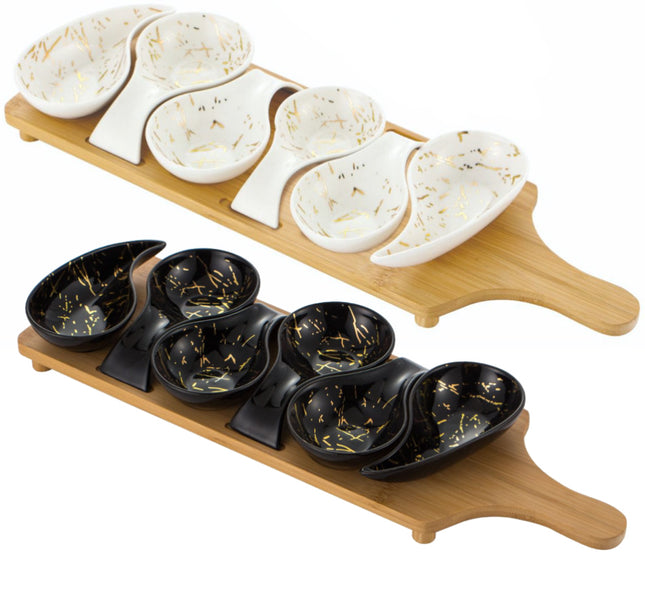 Serveerplank met 6 porseleinen schaaltjes – marmerlook, 45 x 15 cm