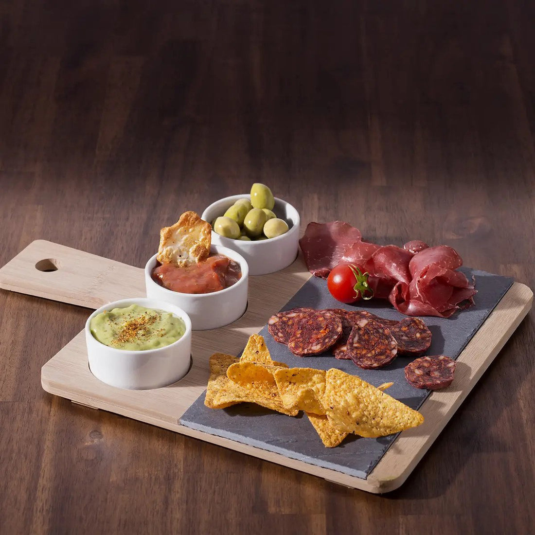 5Five bamboe serveerplank met 3 schaaltjes – borrelplank voor hapjes en tapas – foto 2