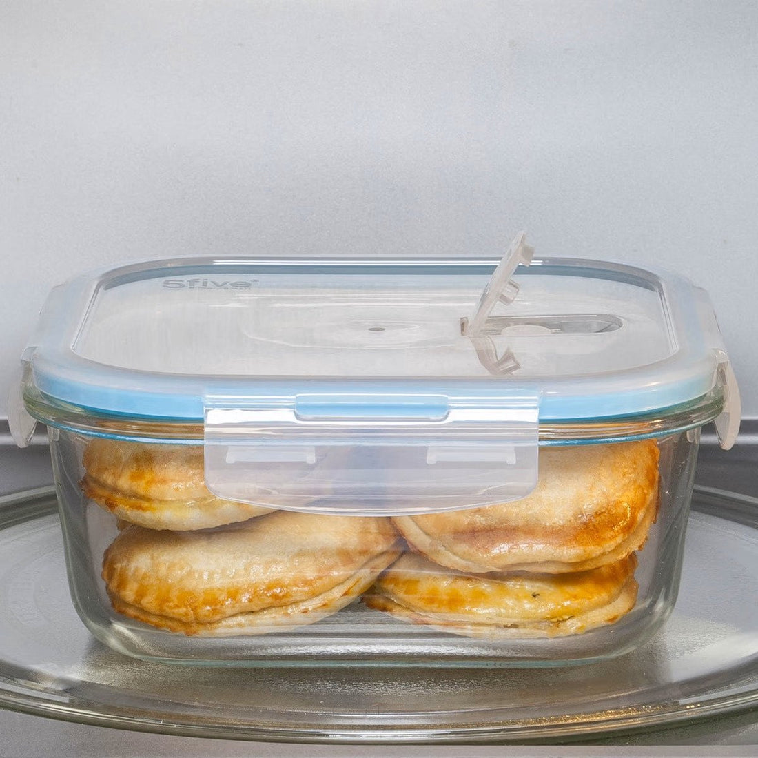 Glazen lunchbox 800 ml – 5 vershoudbakjes van kristalglas, lichtblauwe rand – foto 3